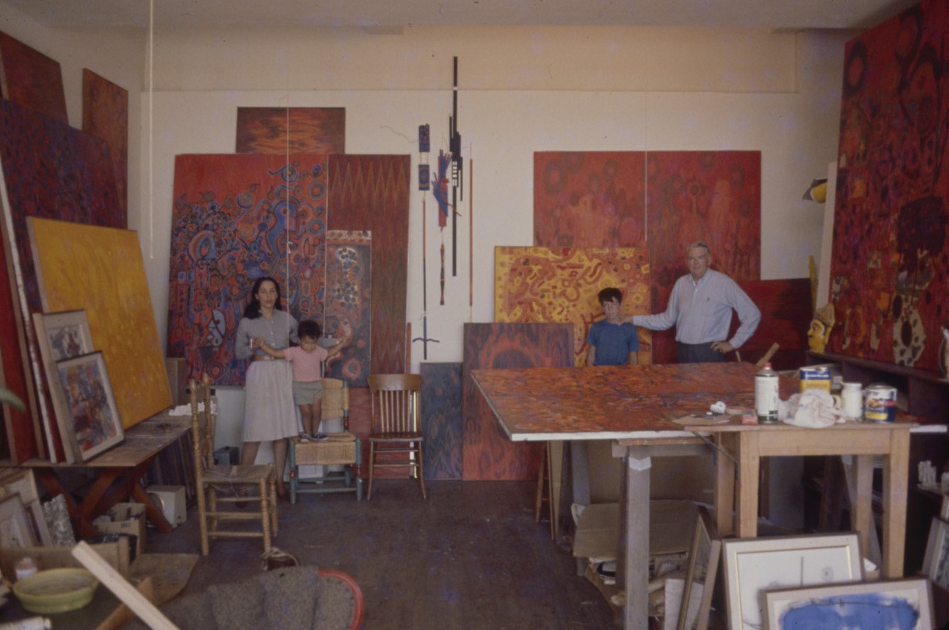 Lee Mullican in Venice, California studio with Luchita Hurtado, Matt Mullican, and John Mullican